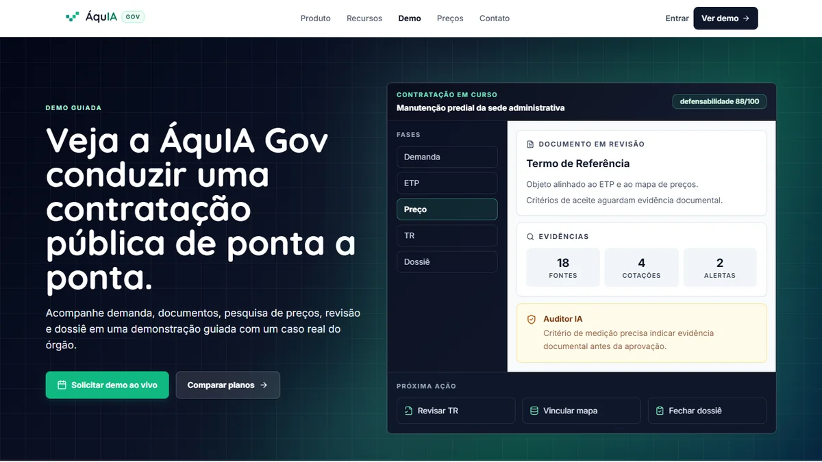 Demonstração pública do ÁquIA Gov com etapas da contratação e painel de Termo de Referência, evidências e alertas
