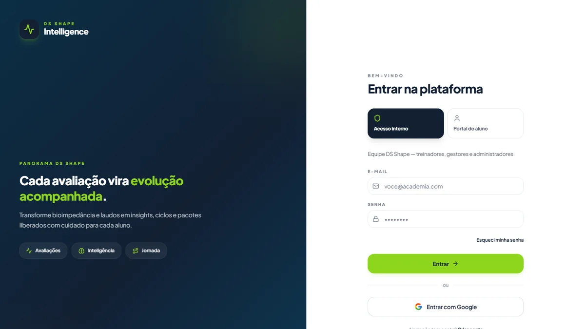 Tela pública de entrada do DS Shape Intelligence com acesso interno e portal da saúde